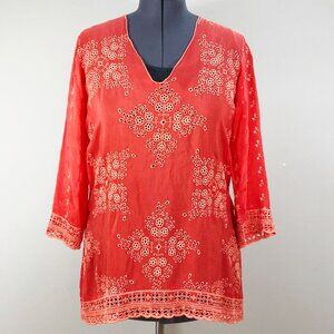JOHNNY WAS Cupra Rayon Floral Embroidered Eyelet Tunic Blouse in Coral L